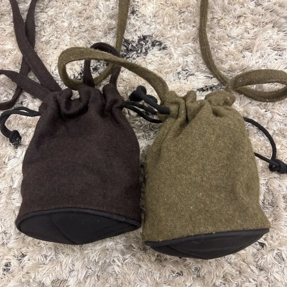 Lot 2 Handmade 100% Wool Felt Drawstring Crossbody Pouches Nepal Brown Olive